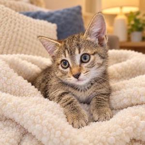 A tabby kitten with large blue eyes is lying on a soft, white, fluffy blanket. The kitten is looking directly at the camera with a curious expression. In the background, there is a blue cushion and a lamp, creating a cozy atmosphere.