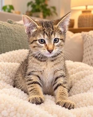 A tabby kitten sitting on a fluffy white blanket, looking directly at the camera with wide eyes.