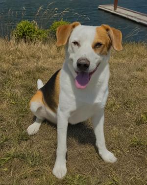A brown and white dog sitting on grass near a body of water.