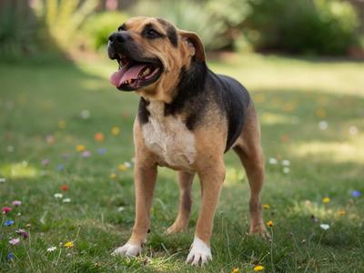 A brown and black dog standing on a grassy field with flowers.