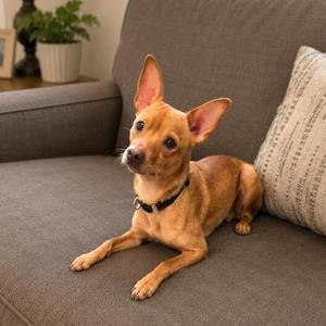 A small brown dog with large ears lying on a gray couch.