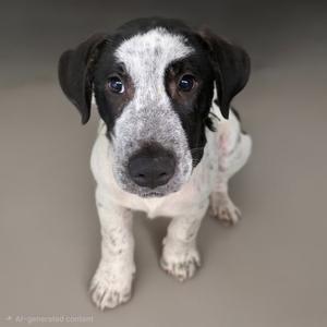 A close-up photograph of a small dog with black and white spotted fur looking directly at the camera.