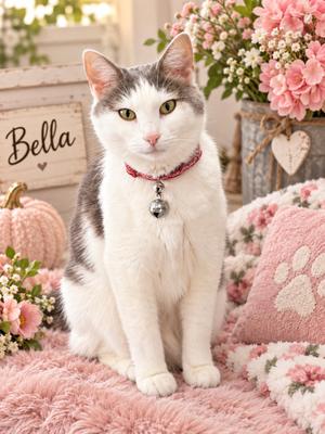 A white and gray cat with green eyes wearing a red collar with a bell, sitting on a pink blanket surrounded by flowers and a pink pillow with a paw print design.