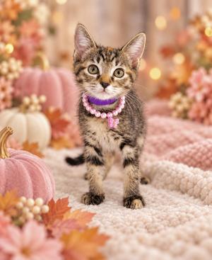 A tabby kitten wearing a purple collar with a pink bow, sitting on a cozy blanket surrounded by autumn decorations including pumpkins and leaves.