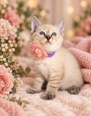 A fluffy cream-colored kitten with blue eyes, wearing a purple collar with a pink flower, sitting on a soft pink blanket surrounded by flowers.