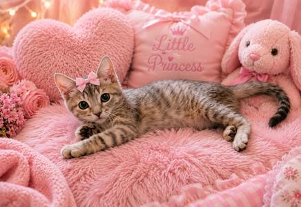 A tabby cat wearing a pink bow lies on a pink, fluffy blanket with a heart-shaped pillow that says "Little Princess" and a pink stuffed bunny.