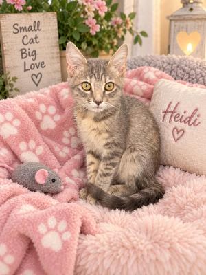 A small tabby kitten sitting on a pink blanket with paw prints, next to a pink pillow that says "Heidi" and a sign that says "Small Cat Big Love".