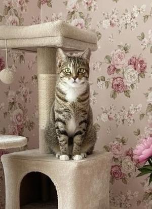 A tabby cat sits on a beige cat tree in front of a pink floral wallpaper.