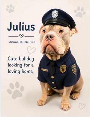 A bulldog wearing a police uniform, sitting and looking at the camera. The text on the image reads "Julius, Animal ID 26-819, Cute bulldog looking for a loving home."