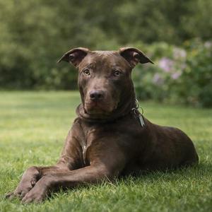 A brown pit bull dog lying on green grass outdoors with a collar and a tag.