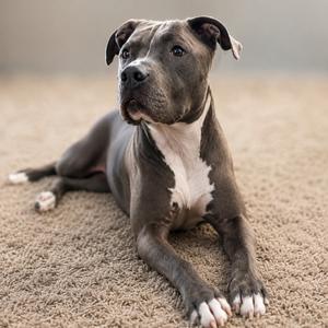 A gray and white pit bull terrier lying on a carpeted floor, looking up with a curious expression.