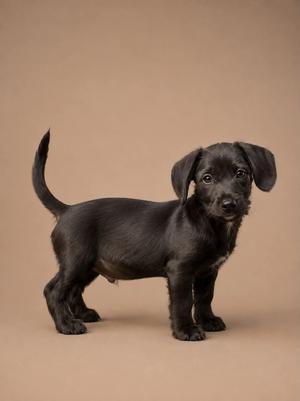 A black puppy standing on a beige background