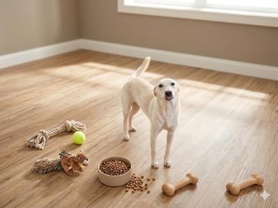A white dog standing on a wooden floor with a bowl of dog food, a green ball, a rope toy, and two bone-shaped toys around it.