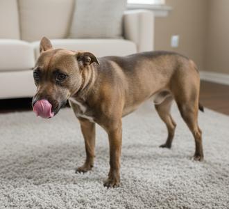 A brown dog standing on a carpet with its tongue out.