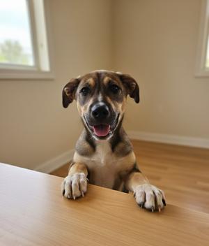 A happy puppy with a black and brown coat is standing on a wooden table, looking up with its mouth open and tongue out. The background shows a window with natural light coming in.