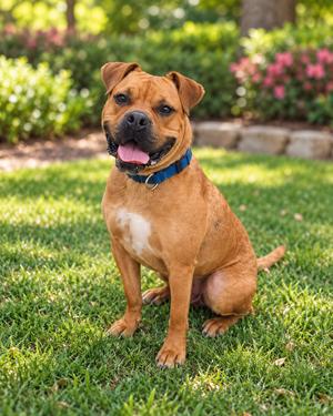 A brown dog with a blue collar sitting on a grassy lawn.