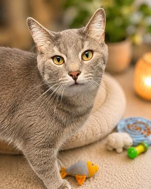 A gray cat with yellow eyes is standing on a carpeted floor, looking directly at the camera. In the background, there is a cat bed, a toy, and a lit candle.