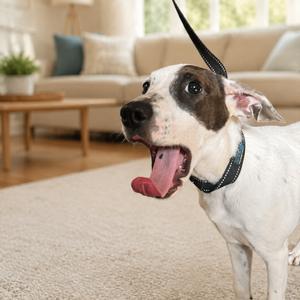 A white dog with brown patches on its face and ears, wearing a black collar, is standing on a beige carpet in a living room. The dog has its mouth open and tongue out, appearing to be panting or excited. In the background, there is a beige couch with cushions, a wooden coffee table, and a potted plant.