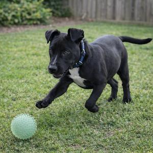 A black puppy with a white chest running on grass towards a green ball.