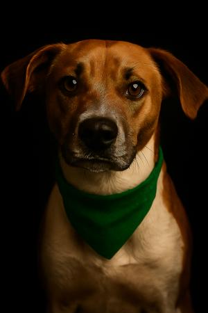 A dog wearing a green bandana, against a black background.