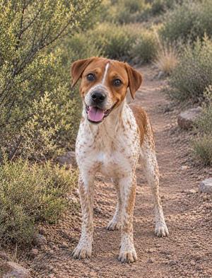 A brown and white speckled dog standing on a dirt path in a desert landscape.