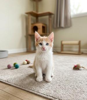 A small, orange and white kitten with blue eyes sits on a beige rug in a room with cat toys scattered around.