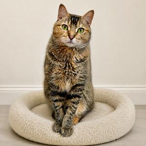 A tabby cat sitting in a round, beige cat bed.