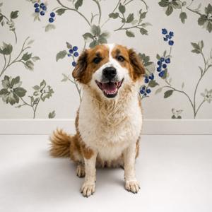 A brown and white dog sitting on a white floor in front of a floral wallpaper background.