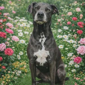A black dog with a white chest patch sitting in a garden filled with colorful flowers.