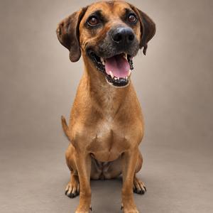 A brown dog with floppy ears and a happy expression, sitting on a gray background.