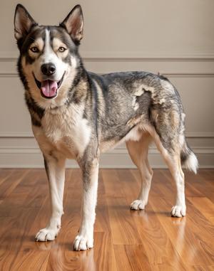 A happy husky dog standing on a wooden floor, looking directly at the camera with its mouth open and tongue out.
