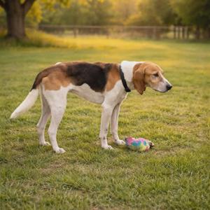 A tricolored dog stands in a grassy field with a colorful toy near its paws. The dog has brown, black, and white markings.