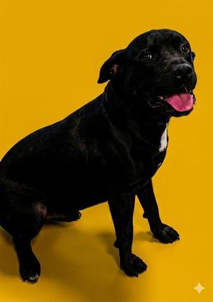 A black dog with its tongue out sitting against a yellow background.