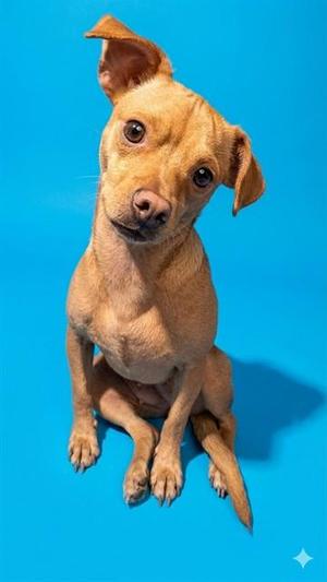 A small, tan dog with large, expressive eyes sits on a blue background, tilting its head curiously.