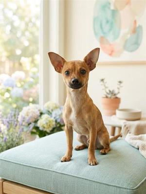 A small brown dog sitting on a light blue cushion in a well-lit room with flowers and a painting in the background.